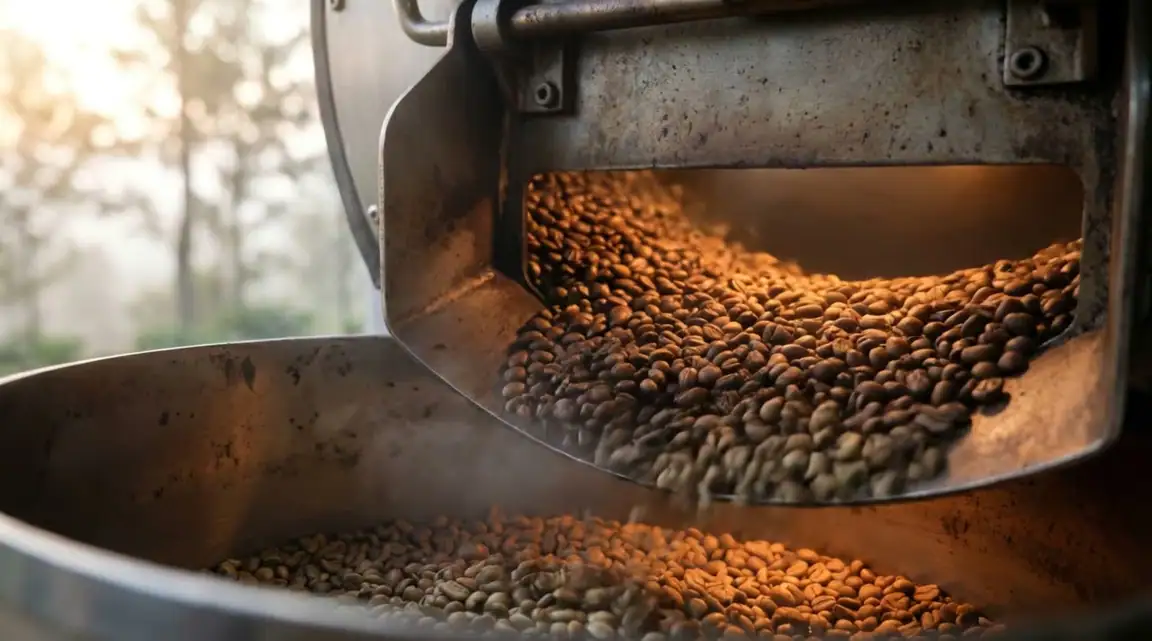Roasted beans tumbling out of the roaster drum